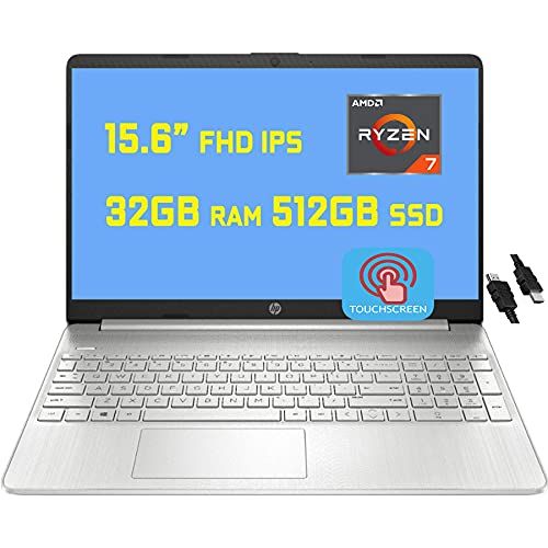 에이치피 HP Flagship Laptop 15 Business Laptop Computer 15.6” Diagonal FHD IPS Touchscreen AMD 8-Core Ryzen 7 4700U (Beats i7-10710U) 32GB RAM 512GB SSD USB-C Win10 + HDMI Cable