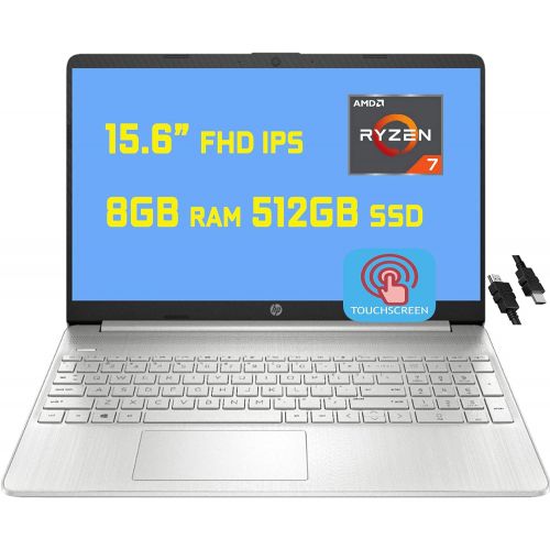 에이치피 HP Flagship Laptop 15 Business Laptop Computer 15.6” Diagonal FHD IPS Touchscreen AMD 8-Core Ryzen 7 4700U (Beats i7-10710U) 8GB RAM 512GB SSD USB-C Win10 + HDMI Cable