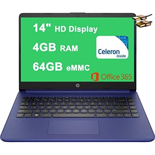 에이치피 2021 Flagship HP Laptop 14 Computer 14 Diagonal HD Display Intel Celeron N4000 4GB RAM 64GB eMMC Intel UHD Graphics 600 USB-C HDMI Wifi5 Office 365 Win10 (Blue)+ HDMI Cable