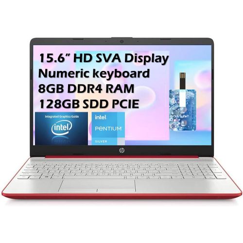 에이치피 2021 HP Flagship Pavilion 15.6 HD Laptop Computer, Intel Dual-core Pentium Processor, 8GB RAM, 128GB SSD, Intel UHD Graphics 605, Bluetooth, USB-C, HDMI, Win 10, Scarlet Red with E