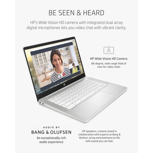 에이치피 HP Chromebook 14 Laptop, Intel Celeron N4000 Processor, 4 GB RAM, 32 GB eMMC, 14” HD Display, Chrome, Lightweight Computer with Webcam and Dual Mics, Home, School, Music, Movies (1