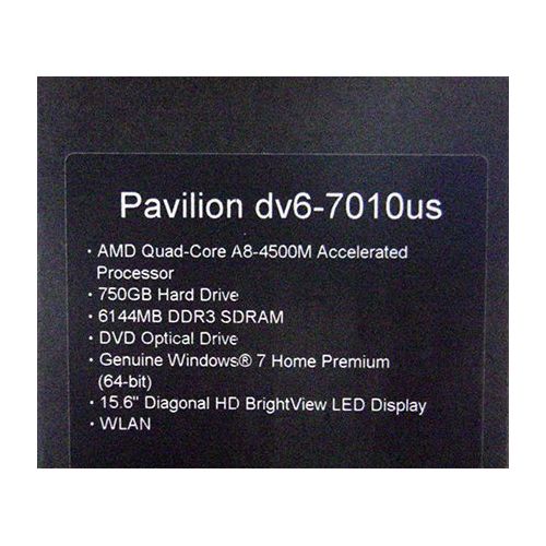 에이치피 HP Pavilion dv6-7010us 15.6 LED Entertainment Notebook AMD A8-4500M 1.9 GHz 6GB DDR3 750GB HDD SuperMulti DVD Burner AMD Radeon HD 7640G Windows 7 Home Premium 64-Bit