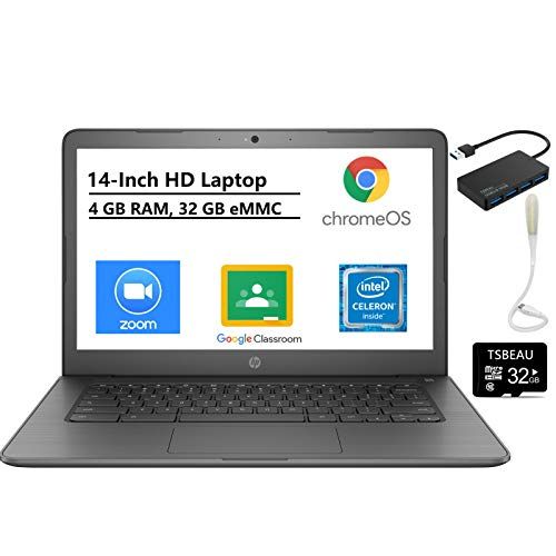 에이치피 HP Chromebook, 14 HD Laptop, Intel Celeron N3350, 4GB RAM, 32GB eMMC, Intel HD Graphics 500, SD Card Reader, Chrome OS, with TSBEAU USB LED Light & 4-Port USB 3.0 Hub & 32GB Micro