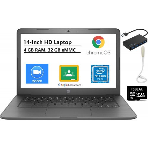 에이치피 HP Chromebook, 14 HD Laptop, Intel Celeron N3350, 4GB RAM, 32GB eMMC, Intel HD Graphics 500, SD Card Reader, Chrome OS, with TSBEAU USB LED Light & 4-Port USB 3.0 Hub & 32GB Micro