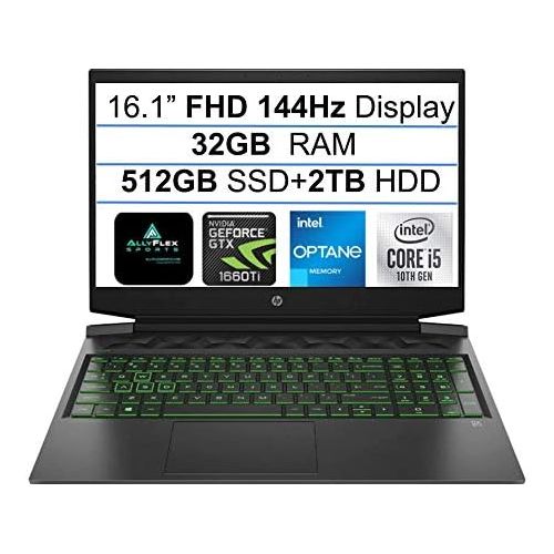 에이치피 2021 Newest HP Pavillion 16.1 FHD 144Hz Gaming Laptop, Intel Quad-Core i5-10300H(up to 4.5 GHz), 32GB RAM, 512GB SSD+32GB Optane+2TB HDD, GTX 1660Ti with Max-Q 6GB, Backlit Keyboar