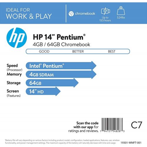 에이치피 HP 14 Chromebook Laptop Computer 14 HD SVA Anti-Glare Display Intel Celeron Dual-Core N5000 Processor 4GB DDR4 64GB eMMC Backlit WiFi Webcam Chrome OS Google Classroom Compatible w