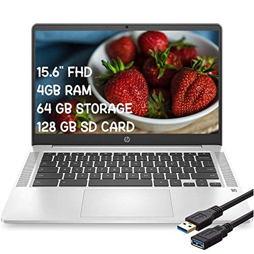 에이치피 Flagship HP Chromebook 14 Laptop Computer 14 FHD IPS Display Intel Celeron N4000 4GB RAM 64GB eMMC + 128GB SD Card B&O Webcam WiFi Chrome OS (Silver)+ iCarp USB Extension