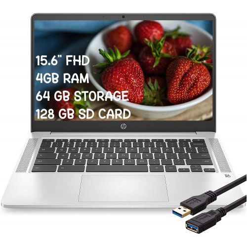에이치피 Flagship HP Chromebook 14 Laptop Computer 14 FHD IPS Display Intel Celeron N4000 4GB RAM 64GB eMMC + 128GB SD Card B&O Webcam WiFi Chrome OS (Silver)+ iCarp USB Extension