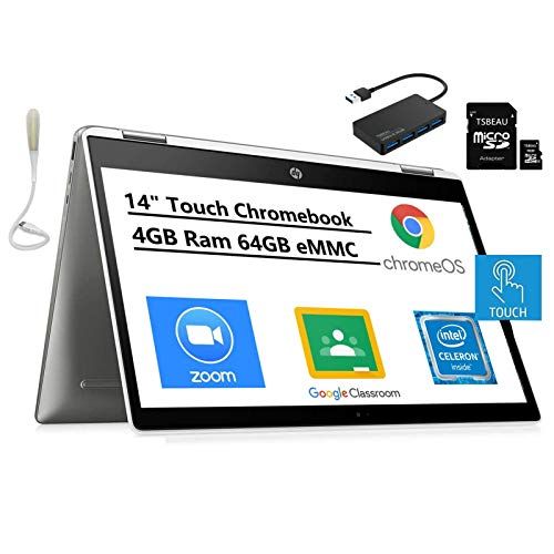 에이치피 Newest HP Chromebook x360 14 HD 2-in 1 Touchscreen Laptop, Intel Celeron N4000, 4GB Memory, 64GB eMMC, Bluetooth, Chrome OS, Bundled with TSBEAU 16GB Micro SD Card & 4 Port USB 3.0