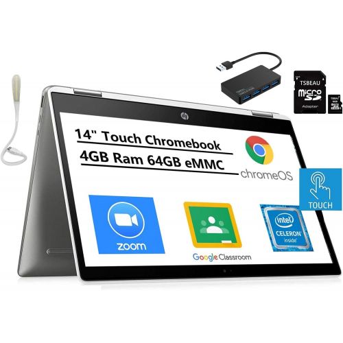 에이치피 Newest HP Chromebook x360 14 HD 2-in 1 Touchscreen Laptop, Intel Celeron N4000, 4GB Memory, 64GB eMMC, Bluetooth, Chrome OS, Bundled with TSBEAU 16GB Micro SD Card & 4 Port USB 3.0