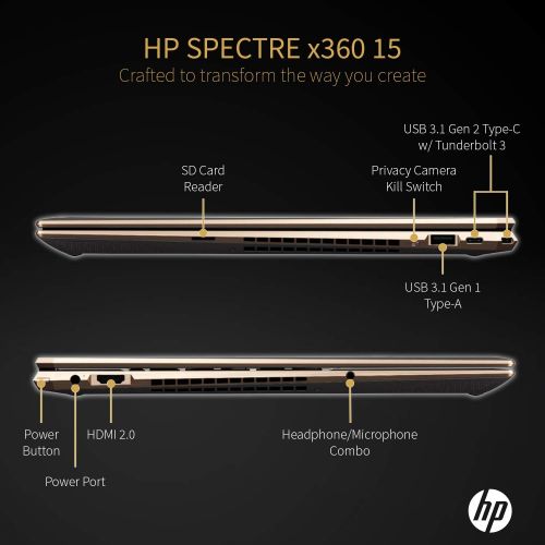 에이치피 HP Spectre x360, 10th Gen Gemcut 15T,Touch 4K UHD,i7-10510U Quad Core,NVIDIA GeForce MX250 2GB,512GB NVMe SSD,16GB DDR4 2666 RAM,Win 10 Pro Pre-Installed by HP, 64GB Neopack Flash