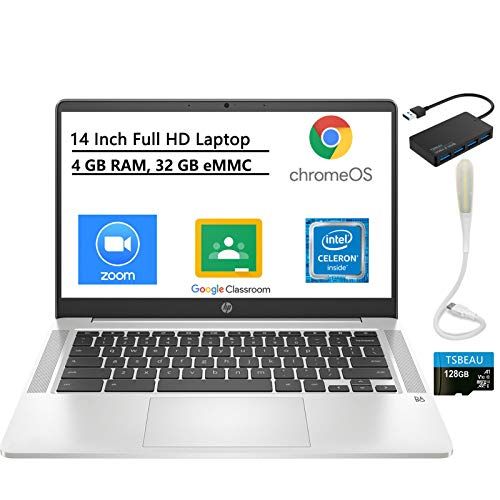 에이치피 HP 14 Chromebook, FHD IPS Laptop, Intel Celeron N4000, 4GB Memory 32GB eMMC, Webcam, Chrome OS, Natural Silver, Bundled with TSBEAU USB LED Light & 4-Port USB 3.0 Hub & 128GB Micro