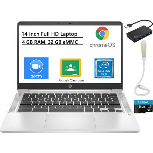 에이치피 HP 14 Chromebook, FHD IPS Laptop, Intel Celeron N4000, 4GB Memory 32GB eMMC, Webcam, Chrome OS, Natural Silver, Bundled with TSBEAU USB LED Light & 4-Port USB 3.0 Hub & 128GB Micro