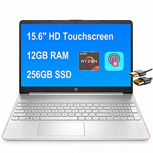 에이치피 Flagship HP 15 Business Laptop Computer 15.6 Diagonal HD Touchscreen AMD Octa-Core Ryzen 7 4700U (Beats i7-10510U) 12GB RAM 256GB SSD USB-C Webcam Win10 Silver + HDMI Cable