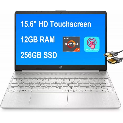 에이치피 Flagship HP 15 Business Laptop Computer 15.6 Diagonal HD Touchscreen AMD Octa-Core Ryzen 7 4700U (Beats i7-10510U) 12GB RAM 256GB SSD USB-C Webcam Win10 Silver + HDMI Cable