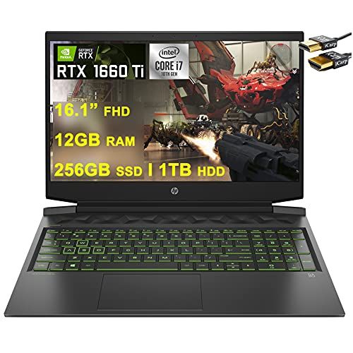 에이치피 HP Flagship Pavilion Gaming 16 Laptop 16.1” Diagonal FHD IPS Display 10th Gen Intel 6-Core i7-10750H 12GB RAM 256GB SSD + 1TB HDD GeForce GTX 1660 Ti 6GB Backlit USB-C Win10 + HDMI