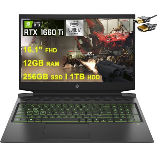 에이치피 HP Flagship Pavilion Gaming 16 Laptop 16.1” Diagonal FHD IPS Display 10th Gen Intel 6-Core i7-10750H 12GB RAM 256GB SSD + 1TB HDD GeForce GTX 1660 Ti 6GB Backlit USB-C Win10 + HDMI