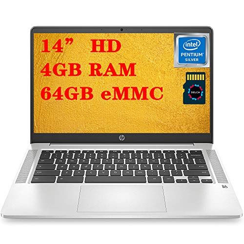 에이치피 HP 14 Pentium Chromebook Laptop I 14 HD SVA Display I Intel Quad-Core Pentium Silver N5000 I 4GB DDR4 64GB eMMC I Type-C B&O WebcamHP Fast Charge Chrome OS + 16GB Micro SD Card