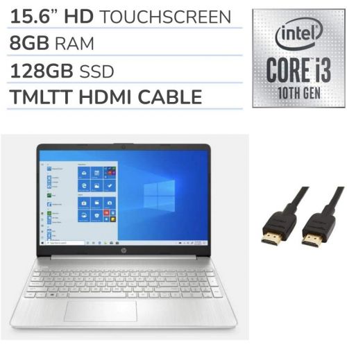 에이치피 HP 2020 Premium 15.6 HD Touchscreen Laptop Computer, 2 Core Intel Core i3-1005G1 1.20 GHz, No DVD, Webcam, Bluetooth, Wi-Fi, HDMI, Win 10, TMLTT HDMI Cable (8GB - 128GB SSD)