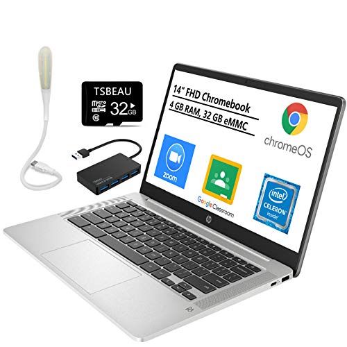 에이치피 HP 14 Chromebook, FHD Laptop, Intel Celeron N4000, 4GB Memory - 32GB eMMC, Natural Silver, Class Online Ready, Chrome OS, Bundled with TSBEAU Light & 4-Port USB 3.0 Hub & 32GB Micr