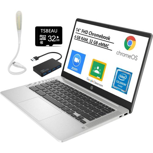 에이치피 HP 14 Chromebook, FHD Laptop, Intel Celeron N4000, 4GB Memory - 32GB eMMC, Natural Silver, Class Online Ready, Chrome OS, Bundled with TSBEAU Light & 4-Port USB 3.0 Hub & 32GB Micr