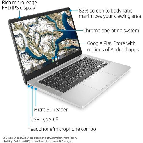 에이치피 2020 HP 14 Premium FHD IPS Anti-Glare WLED-Backlit Chromebook, Intel Celeron N4000 up to 2.6GHz, 4GB DDR4, 64GB eMMC, WiFi, Media Reader, USB-C, Bluetooth, Webcam, Chrome OS, Aloha