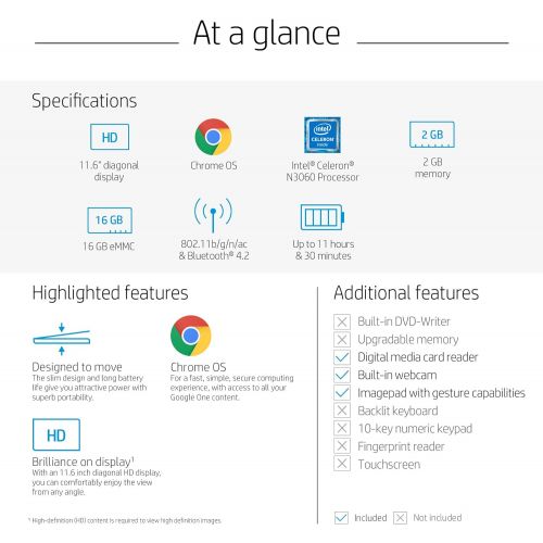 에이치피 HP Chromebook 11-Inch Laptop, Intel Celeron N3060 Processor, 2 GB SDRAM, 16 GB eMMC Storage, Chrome OS (11-v000nr, Ash Gray)