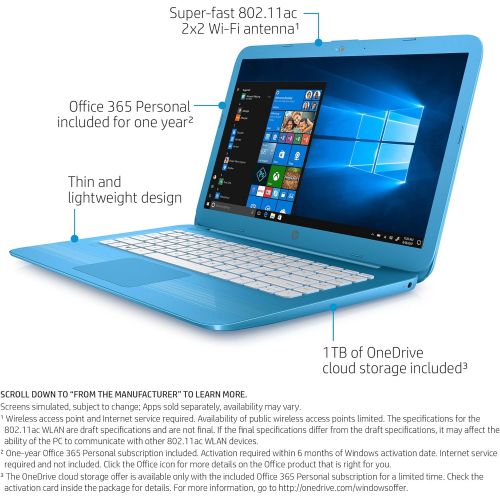 에이치피 HP Model 2NV73UA#ABA 14 Stream 14-ax000 14-ax040nr LCD Notebook Intel Celeron N3060 Dual-core (2 Core) 4GB DDR3L SDRAM 64GB Flash Memory BrightView Aqua Blue