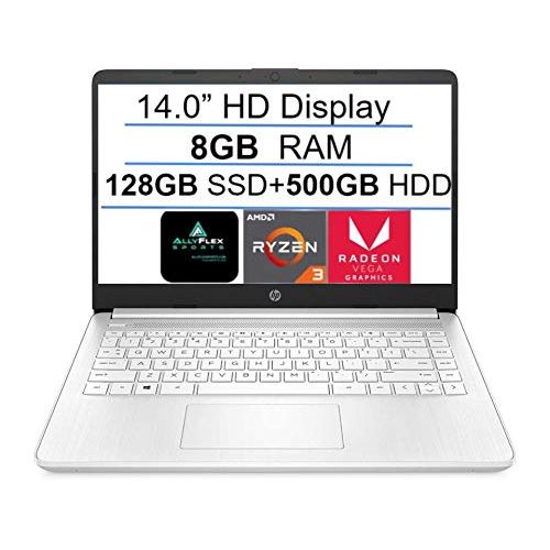 에이치피 2021 Newest HP 14 HD Laptop Computer, AMD Ryzen 3 3250U up to 3.5GHz (Beat i5-7200U), 8GB DDR4 RAM, 128GB SSD+500GB HDD, WiFi, Bluetooth, HDMI, Webcam, Windows 10 S, AllyFlex MP, O