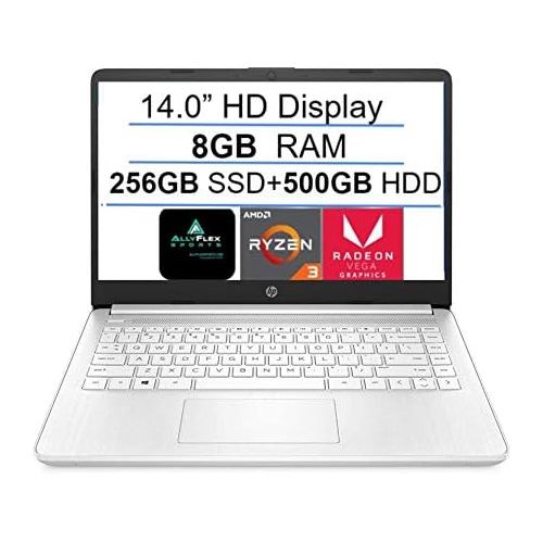 에이치피 2021 Newest HP 14 HD Laptop Computer, AMD Ryzen 3 3250U up to 3.5GHz (Beat i5-7200U), 8GB DDR4 RAM, 256GB SSD+500GB HDD, WiFi, Bluetooth, HDMI, Webcam, Windows 10 S, AllyFlex MP, O