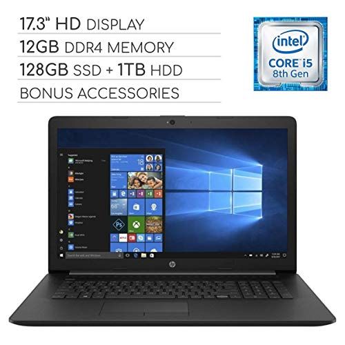 에이치피 HP Pavilion 2019 Premium 17.3 inch HD Laptop Notebook Computer, 4-Core Intel Core i5-8265U 1.60 GHz, 12GB RAM, 128GB SSD + 1TB HDD, DVD, Wi-Fi, Bluetooth, Webcam, HDMI, Windows 10,