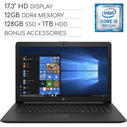 에이치피 HP Pavilion 2019 Premium 17.3 inch HD Laptop Notebook Computer, 4-Core Intel Core i5-8265U 1.60 GHz, 12GB RAM, 128GB SSD + 1TB HDD, DVD, Wi-Fi, Bluetooth, Webcam, HDMI, Windows 10,