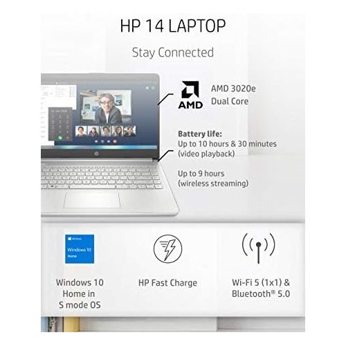 에이치피 HP 14 Laptop, AMD 3020e, 4 GB RAM, 64 GB eMMC Storage, 14-inch HD Display, Windows 10 Home in S Mode, Long Battery Life, Microsoft 365, (14-fq0070nr, 2020)