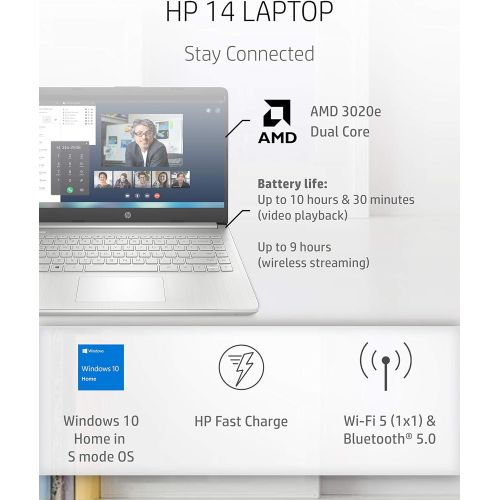 에이치피 HP 14 Laptop, AMD 3020e, 4 GB RAM, 64 GB eMMC Storage, 14-inch HD Display, Windows 10 Home in S Mode, Long Battery Life, Microsoft 365, (14-fq0070nr, 2020)