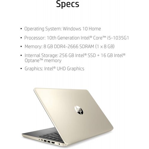 에이치피 HP 14 HD Premium Business Laptop PC 10th Gen Intel Quad-Core i5-1035G1 up to 3.6GHz 8GB RAM 256GB PCIe SSD + 16GB Optane WiFi Bluetooth Webcam Win 10 Pale Gold + Oydisen Cloth