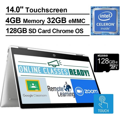 에이치피 2021 Newest HP Chromebook 14 Inch Touchscreen 2-in-1 Laptop, Intel Celeron N4000 up to 2.6 GHz, 4GB RAM, 32GB eMMC, Bluetooth, Webcam, Chrome OS + NexiGo 128GB MicroSD Card Bundle