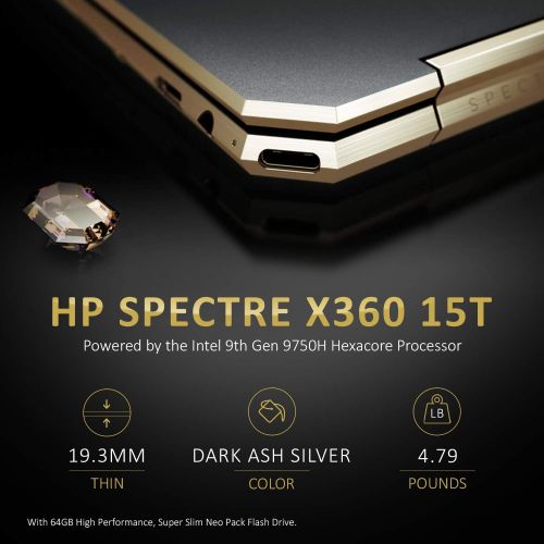 에이치피 HP Spectre x360, 9th gen Gemcut 15t ,Touch 4K UHD,i7- i7 9750H Hexacore,NVIDIA GeForce GTX 1650 (4GB),1TB NVMe SSD,16GB RAM,Win 10 Pro Pre-Installed by HP, 64GB Neopack Flash Drive