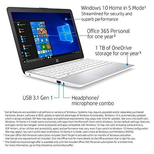 에이치피 HP Stream 11-Inch Laptop, Intel X5-E8000 Processor, 4 GB RAM, 32 GB eMMC, Windows 10 Home in S Mode with Office 365 Personal and 1 TB Onedrive Storage for One Year (11-ak1020nr, Di
