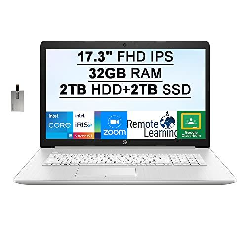 에이치피 2022 HP 17.3 FHD Laptop Computer, 11th Gen Intel Core i5-1135G7 (Quad-Core), 32GB RAM, 2TB HDD+2TB SSD, Backlit Keyboard, Intel Iris Xe Graphics, HD Webcam, Win 10, Silver, 32GB Sn