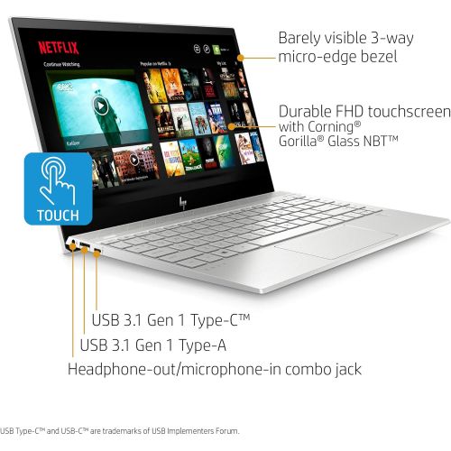 에이치피 HP Envy 13” Thin Laptop W/ Fingerprint Reader, FHD Touchscreen, Intel Core i7-8565U, 8GB SDRAM, 256GB SSD, Windows 10 Home (13-aq0005nr, Natural Silver)