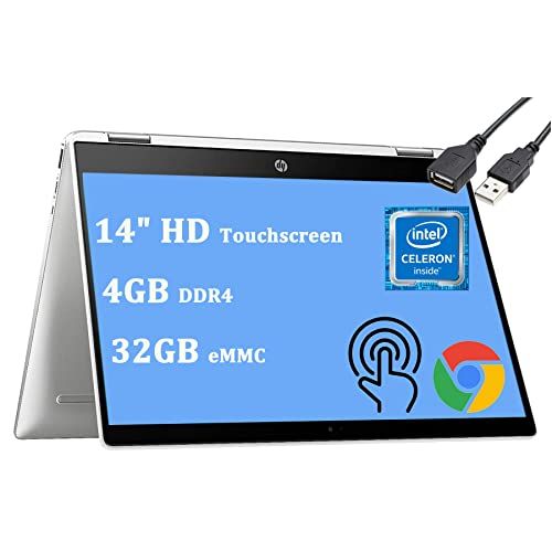 에이치피 HP Premium Chromebook x360 14 2-in-1 Laptop 14 HD Anti-Glare Touchscreen I Intel Celeron N4000 I 4GB DDR4 32GB eMMC I Intel UHD Graphics 600 USB-C B&O Chrome OS + USB Extension