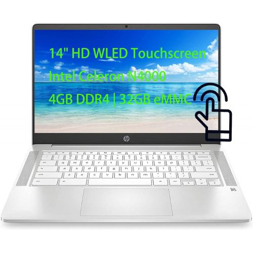 에이치피 HP 14 HD (1366x768) WLED-Backlit Touchscreen Chromebook Laptop, Intel Celeron N4000 Up to 2.6GHz, 4GB DDR4, 32GB eMMC, Bluetooth, Webcam, Media Card Reader, USB-C, Chrome OS, 64GB