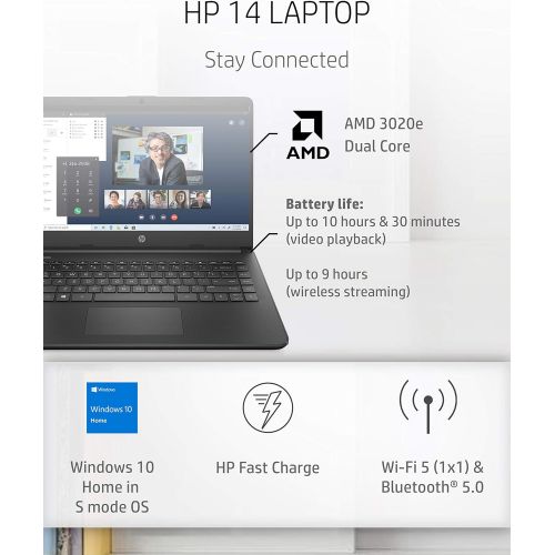 에이치피 HP 14 Laptop, AMD 3020e, 4 GB RAM, 64 GB eMMC Storage, 14-inch HD Display, Windows 10 Home in S Mode, Long Battery Life, Microsoft 365, (14-fq0020nr, 2020)