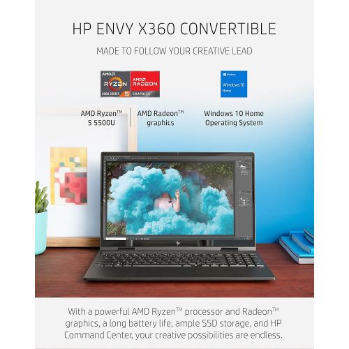 에이치피 HP Envy x360 15 Convertible Laptop, AMD Ryzen 5 5500U Processor, AMD Radeon Graphics, 8 GB RAM, 512 GB SSD, 15.6 inch Full HD Display, Windows 10 Home(15-ee1010nr, 2021)