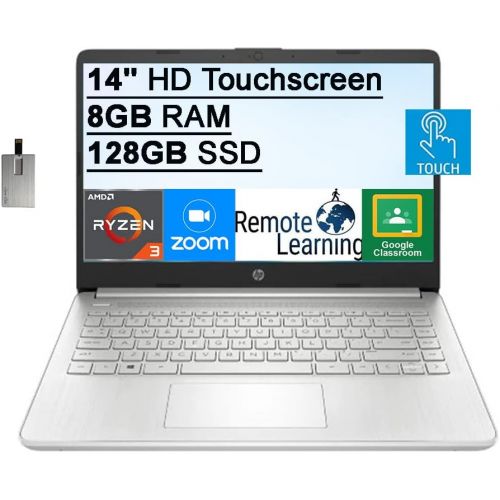 에이치피 2022 HP 14 HD Touchscreen Laptop Computer, AMD Ryzen 3-3250U Processor, 8GB RAM, 128GB SSD, HD Audio, 720p HD Webcam, AMD Radeon Graphics, Bluetooth, HDMI, Windows 11, Silver, 32GB