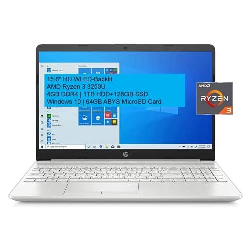 에이치피 HP 15.6 HD Micro-Edge WLED-Backlit Laptop Computer, AMD Ryzen 3 3250U, 4GB DDR4, 1TB HDD + 128GB SSD, Webcam, Bluetooth, WiFi, HDMI, Windows 10, Google Classroom Compatible, 64GB A