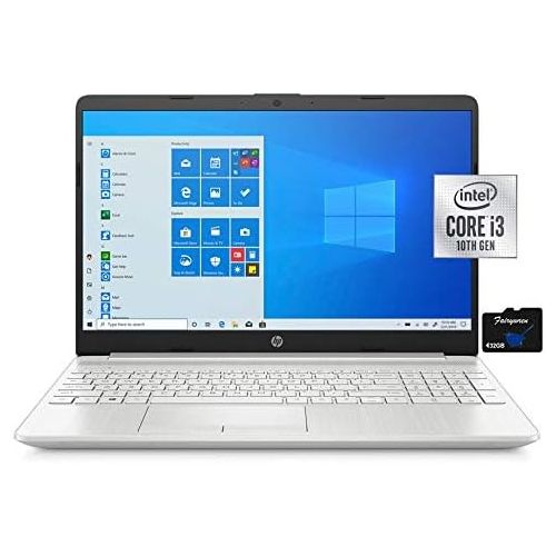에이치피 2021 HP 15.6 HD Laptop Computer PC, Intel Core i3-10110U (Beats i5-7200U), 4GB RAM, 128GB SSD, USB-C, WiFi, RJ45, HDMI, HD Webcam, Bluetooth, Windows 10 S, Silver, Fairywren Card