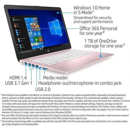 에이치피 2021 HP Stream 14 HD Thin and Light Laptop, Intel Celeron N4000 Processor, 4GB RAM, 64GB eMMC, HDMI, Webcam, WiFi, Bluetooth, 1 Year Office 365, Windows 10 S, Rose Pink, IFT 32GB U