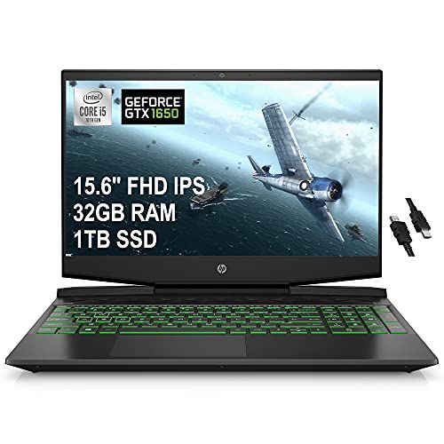 에이치피 HP Flagship Pavilion Gaming 15 Laptop 15.6 FHD IPS 10th Gen Intel Quad-Core i5-10300H (Beats i7-8750H) 32GB RAM 1TB SSD GeForce GTX 1650 4GB Backlit USB-C B&O Win10 Black + HDMI Ca