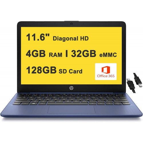 에이치피 HP Stream 11 Laptop 11.6 Diagonal HD SVA Anti-Glare Display Intel Celeron N4000 4GB RAM 32GB eMMC + 128GB SD Card USB-C Microsoft 365 for 1 Year Win10 Blue + HDMI Cable